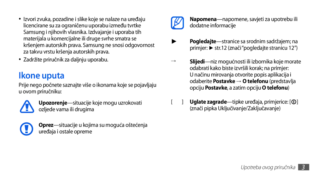 Samsung GT-S5570CWATRA, GT-S5570AAAVIP, GT-S5570AAATWO, GT-S5570CWAVIP Ikone uputa, Zadržite priručnik za daljnju uporabu 