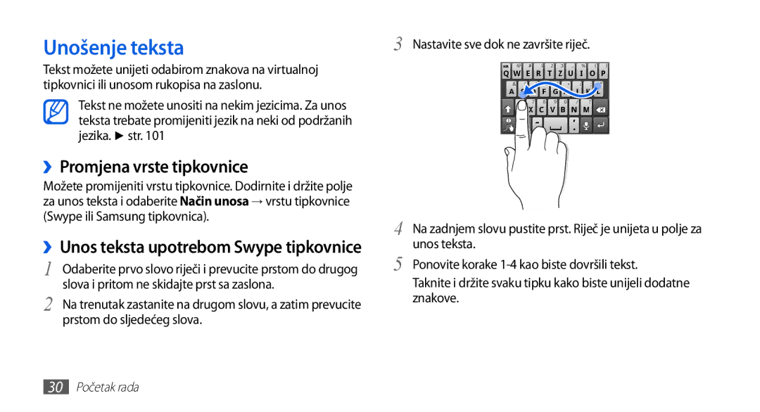 Samsung GT-S5570AAAVIP manual Unošenje teksta, ››Promjena vrste tipkovnice, ››Unos teksta upotrebom Swype tipkovnice 