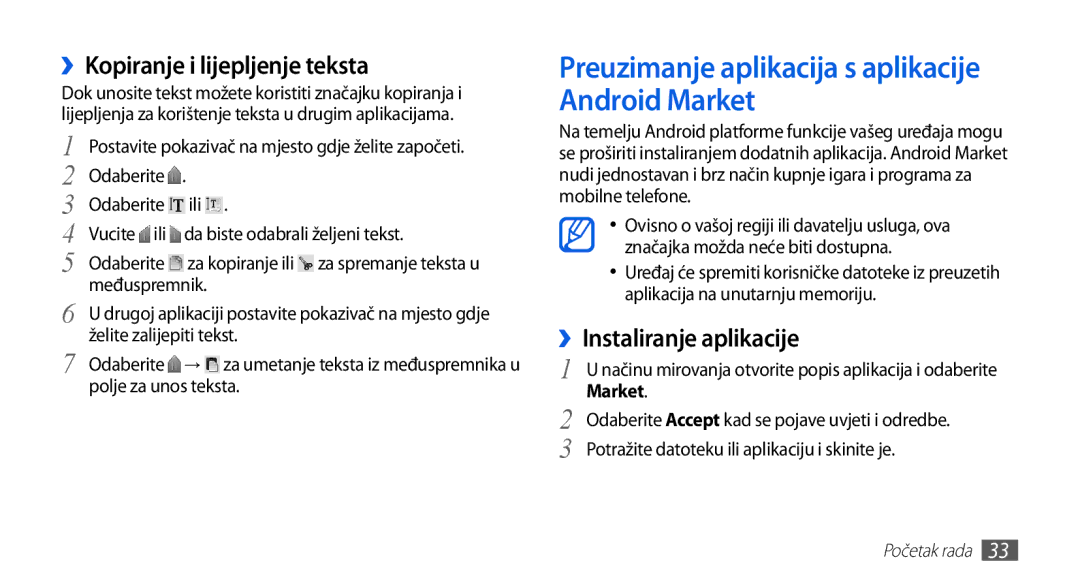 Samsung GT-S5570CWATRA manual Preuzimanje aplikacija s aplikacije Android Market, ››Kopiranje i lijepljenje teksta 