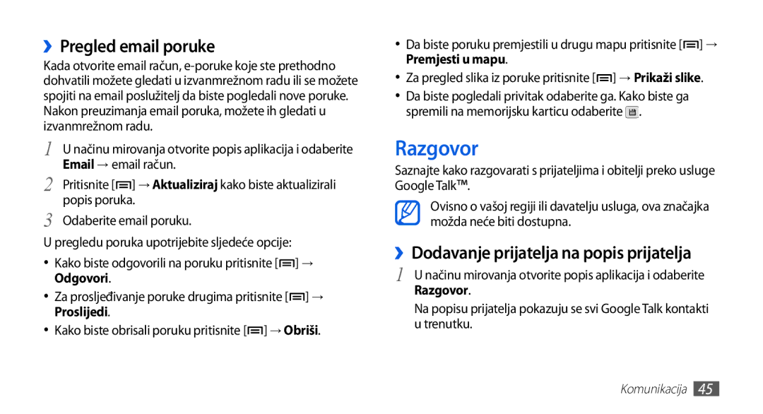 Samsung GT-S5570AAAVIP, GT-S5570AAATWO manual Razgovor, ››Pregled email poruke, ››Dodavanje prijatelja na popis prijatelja 