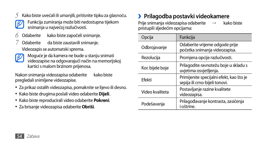 Samsung GT-S5570CWATWO, GT-S5570AAAVIP manual ››Prilagodba postavki videokamere, Odaberite kako biste započeli snimanje 