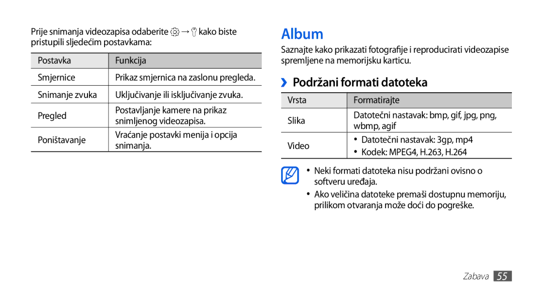 Samsung GT-S5570EGAVIP, GT-S5570AAAVIP manual Album, ››Podržani formati datoteka, Vrsta Formatirajte Slika, Wbmp, agif 