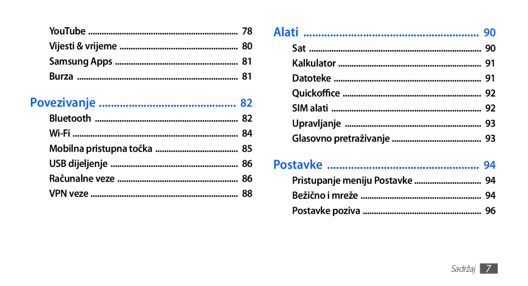 Samsung GT-S5570EGACRG, GT-S5570AAAVIP, GT-S5570AAATWO, GT-S5570CWAVIP, GT-S5570CWATRA, GT-S5570EGATRA manual Alati, Postavke 