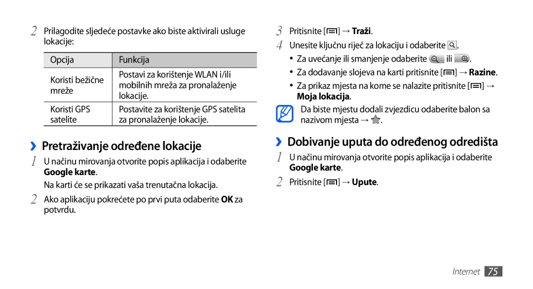 Samsung GT-S5570AAAVIP manual ››Pretraživanje određene lokacije, ››Dobivanje uputa do određenog odredišta, Google karte 