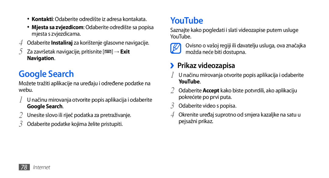 Samsung GT-S5570CWATRA, GT-S5570AAAVIP, GT-S5570AAATWO manual Google Search, YouTube, ››Prikaz videozapisa, Navigation 