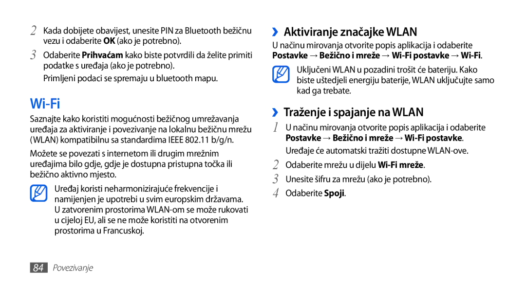 Samsung GT-S5570CWATWO, GT-S5570AAAVIP, GT-S5570AAATWO Wi-Fi, ››Aktiviranje značajke Wlan, ››Traženje i spajanje na Wlan 