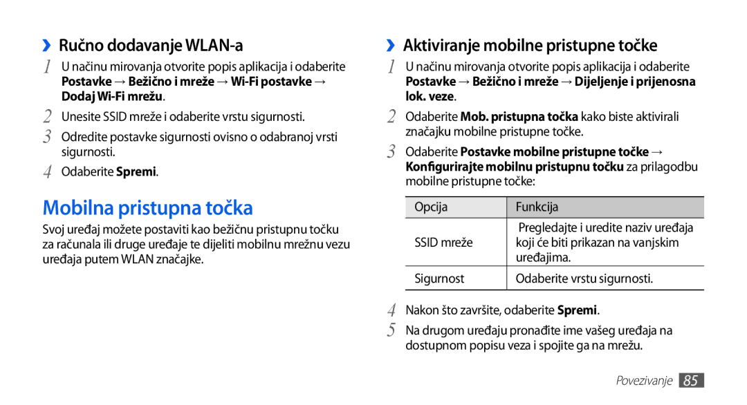 Samsung GT-S5570EGAVIP manual Mobilna pristupna točka, ››Ručno dodavanje WLAN-a, ››Aktiviranje mobilne pristupne točke 