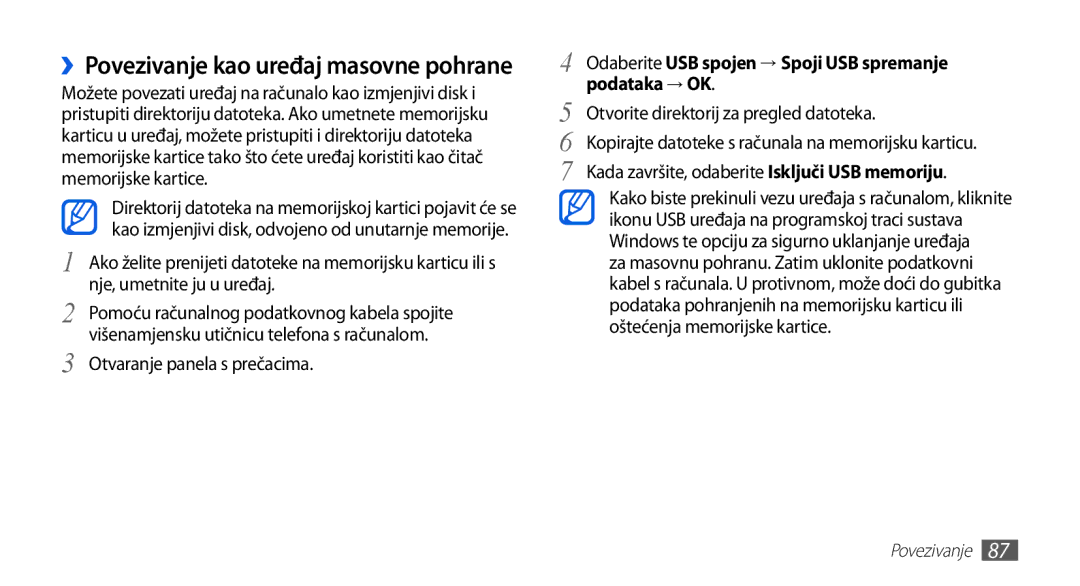 Samsung GT-S5570CWABHT, GT-S5570AAAVIP manual ››Povezivanje kao uređaj masovne pohrane, Otvaranje panela s prečacima 