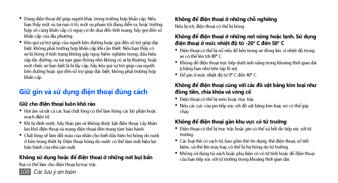 Samsung GT-S5570EGAXXV manual Giữ cho điện thoại luôn khô ráo, Không sử dụng hoặc để điện thoại ở những nơi bụi bẩn 