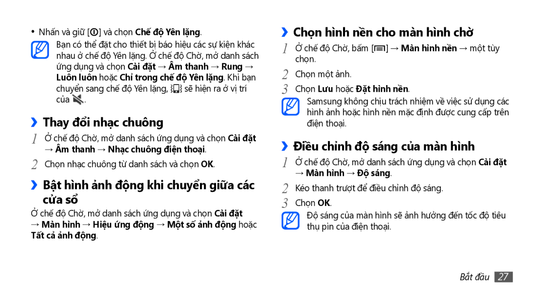 Samsung GT-S5570MOAXXV, GT-S5570AAAXXV manual ››Thay đổi nhạc chuông, ››Bật hì̀nh ả̉nh động khi chuyển giữa các cửa sổ 
