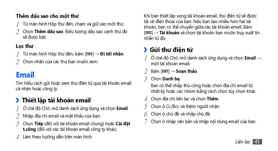 Samsung GT-S5570AAAXXV, GT-S5570CWAXXV, GT-S5570MOAXXV manual Thiết lập tài khoả̉n email, ››Gửi thư điện tử, Bấm → Soạn thả̉o 