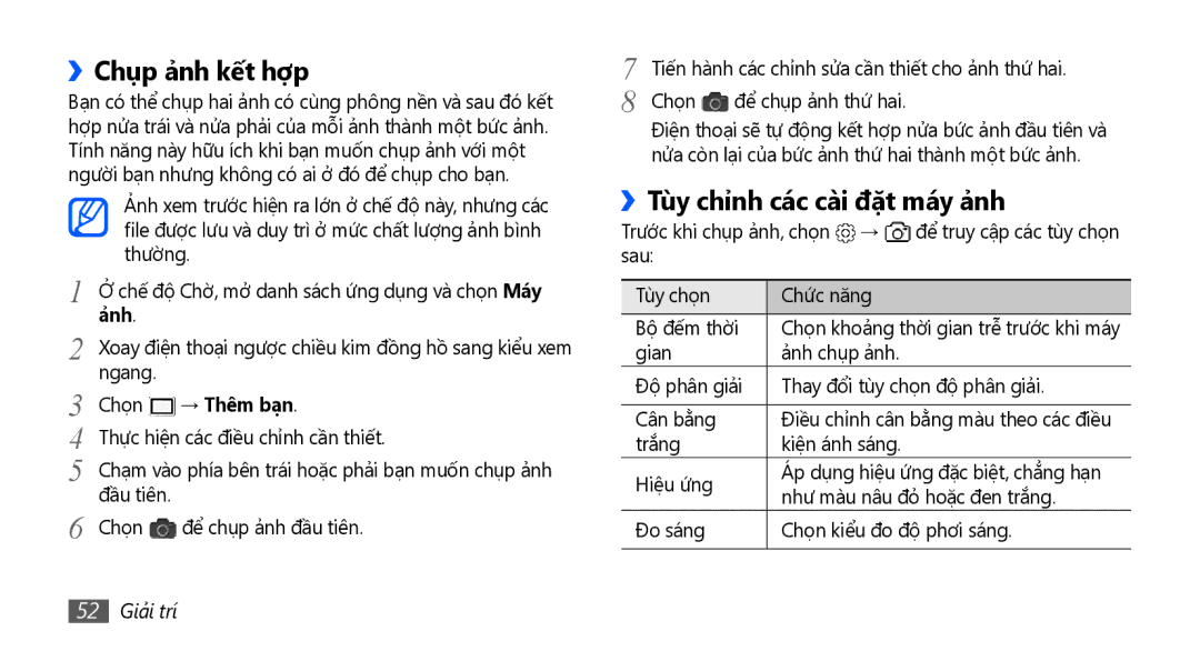 Samsung GT-S5570MOAXXV, GT-S5570AAAXXV manual ››Chụp ả̉nh kết hợp, ››Tùy chỉnh các cài đặt máy ả̉nh, → Thêm bạn, 52 Giải trí 