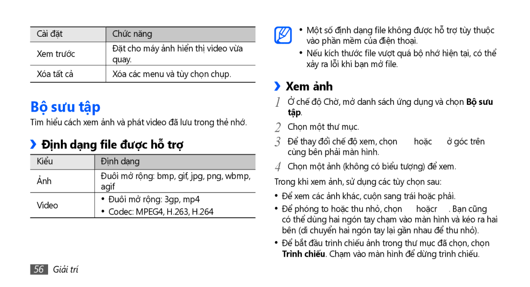 Samsung GT-S5570CWAXXV, GT-S5570AAAXXV manual Bộ sưu tập, ››Định dạng file được hỗ̃ trợ, Xem ả̉nh, Tập, 56 Giải trí 