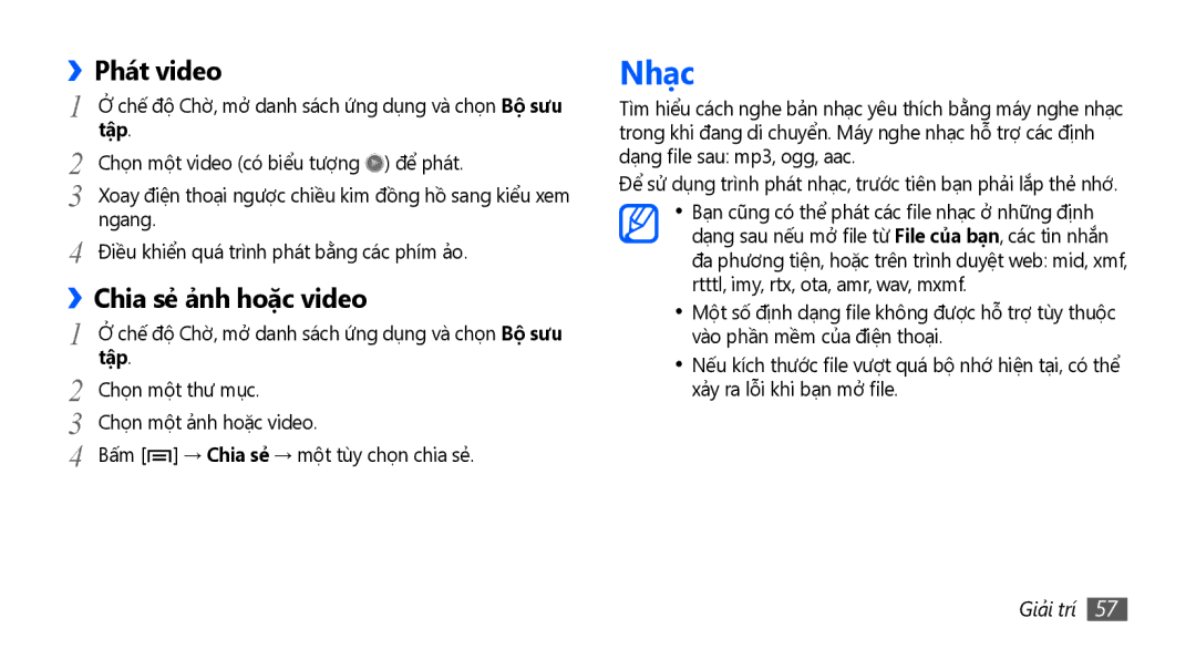 Samsung GT-S5570MOAXXV, GT-S5570AAAXXV, GT-S5570CWAXXV, GT-S5570EGAXXV manual Nhạc, Phát video, Chia sẻ ả̉nh hoặc video 