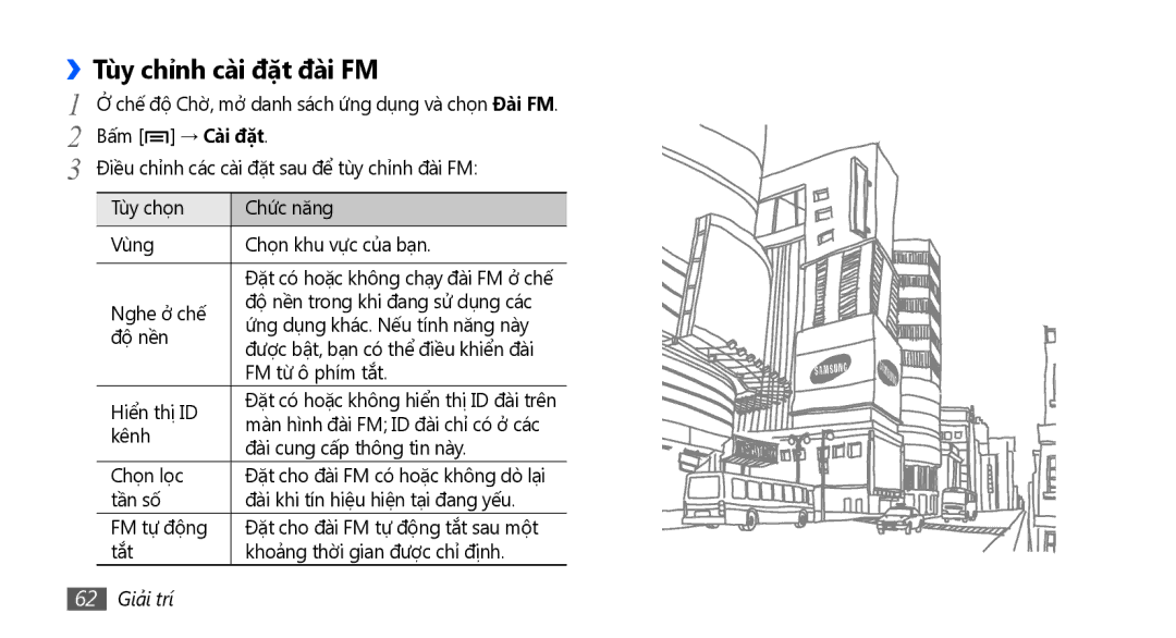 Samsung GT-S5570MOAXXV, GT-S5570AAAXXV, GT-S5570CWAXXV, GT-S5570EGAXXV manual ››Tùy chỉnh cài đặt đài FM, 62 Giải trí 