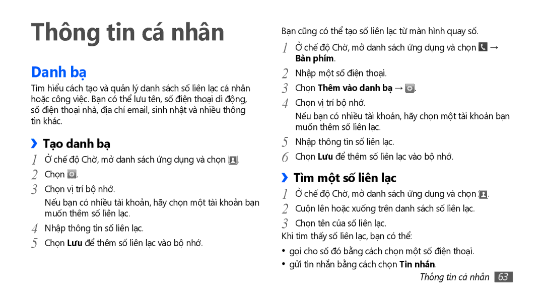 Samsung GT-S5570EGAXXV, GT-S5570AAAXXV, GT-S5570CWAXXV manual Thông tin cá nhân, Danh bạ, Tạo danh bạ, Tì̀m một số liên lạc 