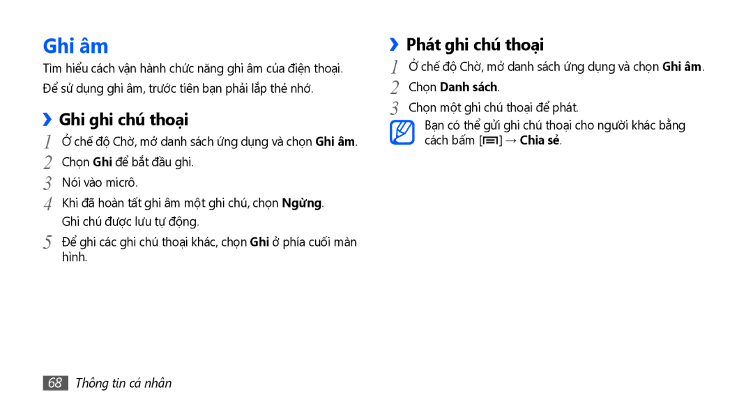 Samsung GT-S5570EGAXXV, GT-S5570AAAXXV Ghi âm, Ghi ghi chú thoại, Phát ghi chú thoại, Chọn Danh sách, 68 Thông tin cá nhân 