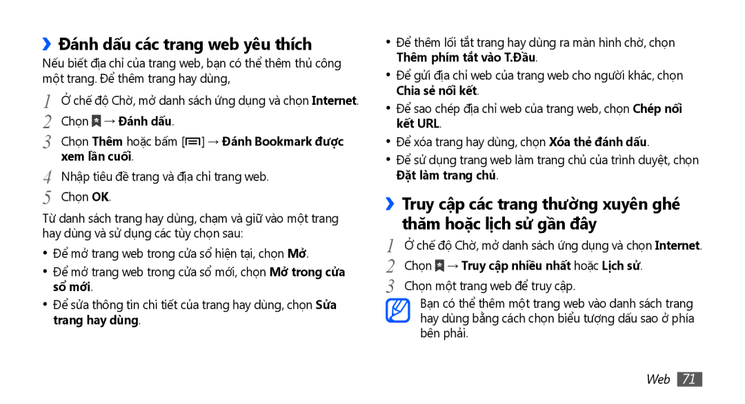 Samsung GT-S5570CWAXXV manual ››Đánh dấu các trang web yêu thích, Chọn → Đanh dâu, Chọn Thêm hoặc bấm → Đánh Bookmark được 