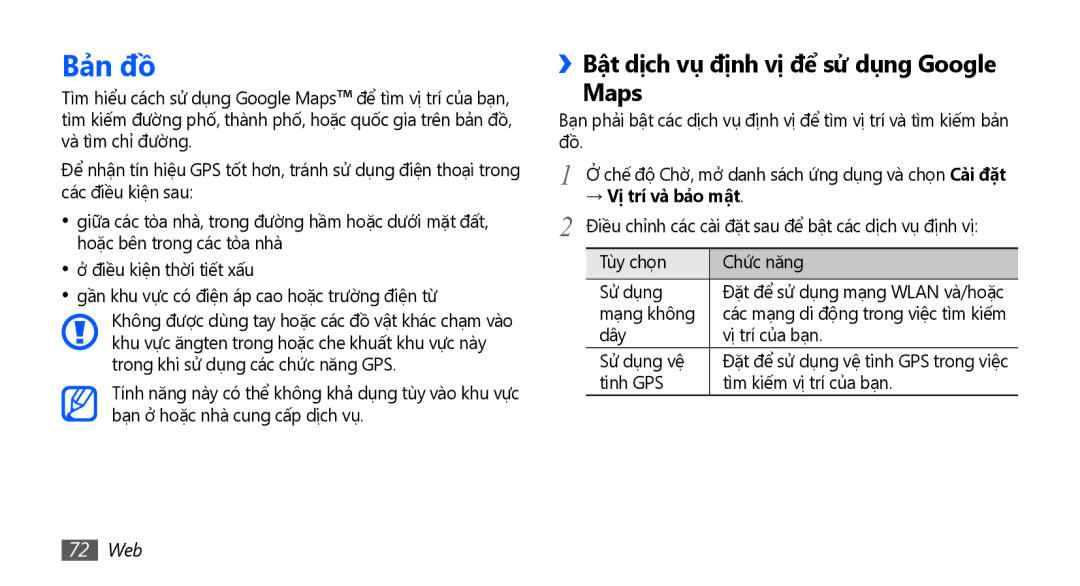 Samsung GT-S5570MOAXXV, GT-S5570AAAXXV Bả̉n đồ, ››Bật dịch vụ định vị để sử dụng Google Maps, → Vị trí và bả̉o mật, 72 Web 