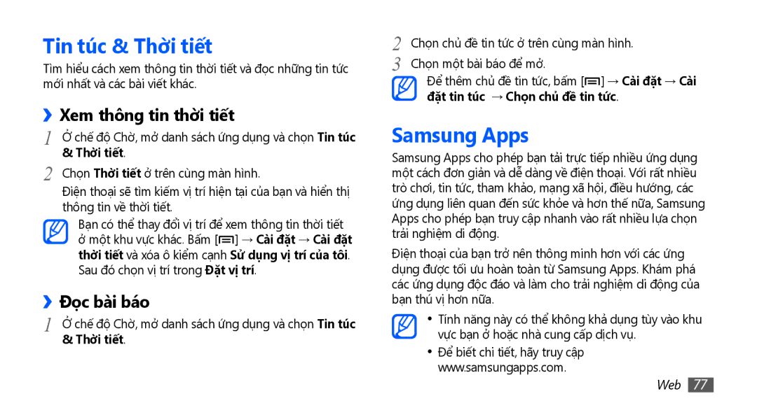 Samsung GT-S5570MOAXXV, GT-S5570AAAXXV manual Tin tuc & Thơi tiêt, Samsung Apps, Xem thông tin thời tiết, ››Đọc bài báo 