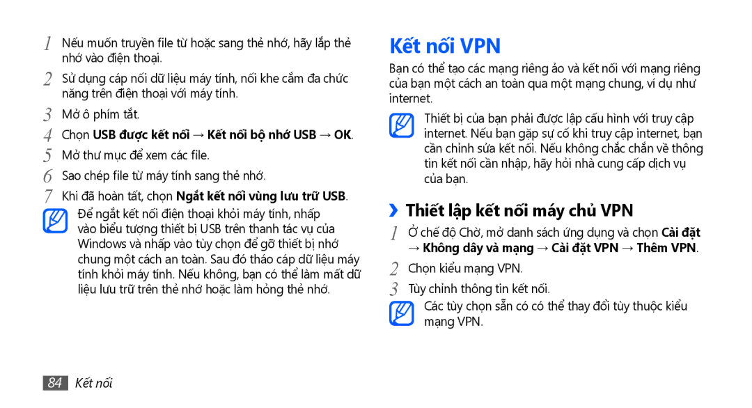 Samsung GT-S5570MAAXXV manual Kết nối VPN, ››Thiết lập kết nối máy chủ VPN, → Không dây va mạng → Cài đặt VPN → Thêm VPN 