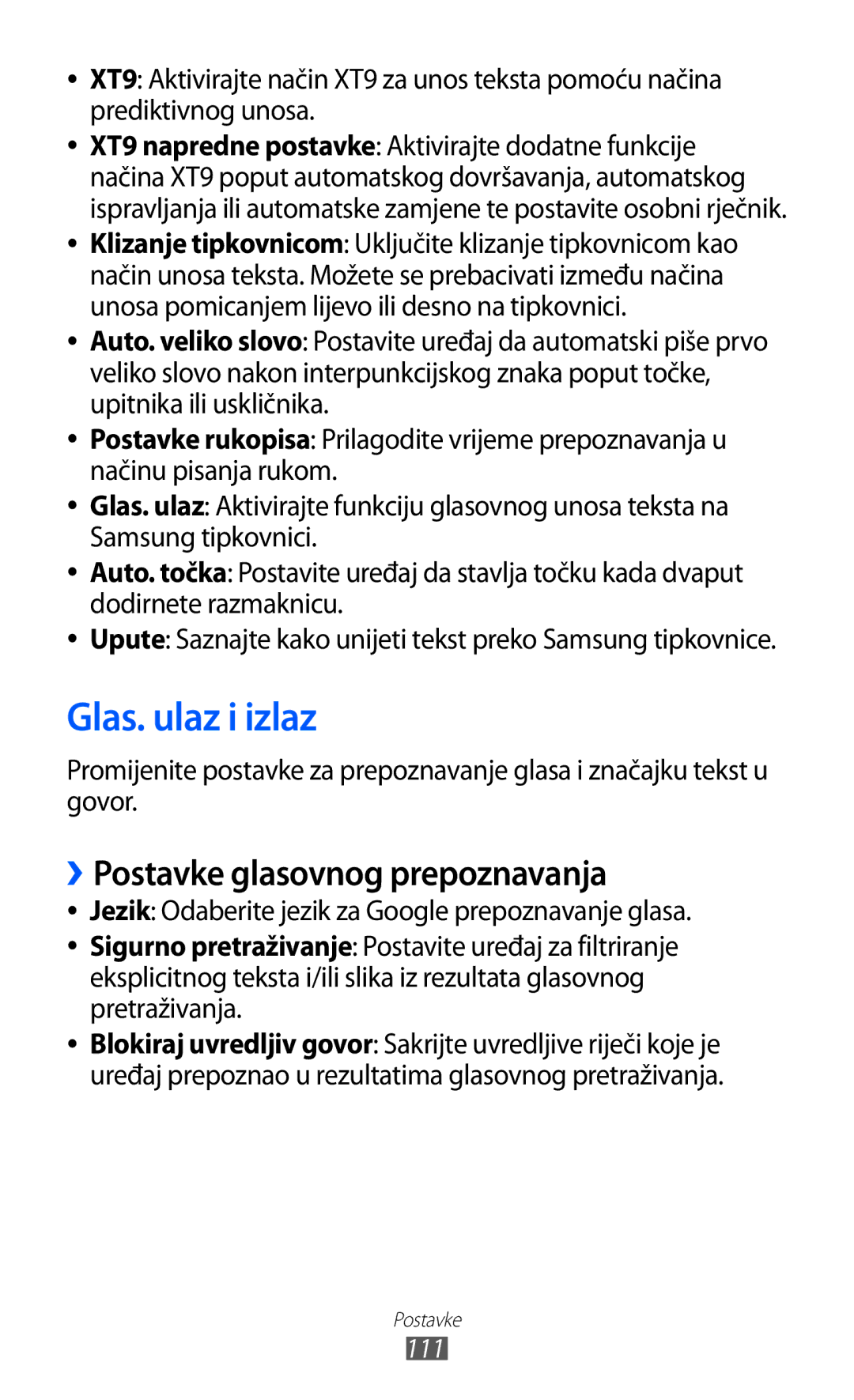 Samsung GT2S5570AAITRA, GT-S5570AAITWO, GT-S5570AAITRA manual Glas. ulaz i izlaz, ››Postavke glasovnog prepoznavanja 