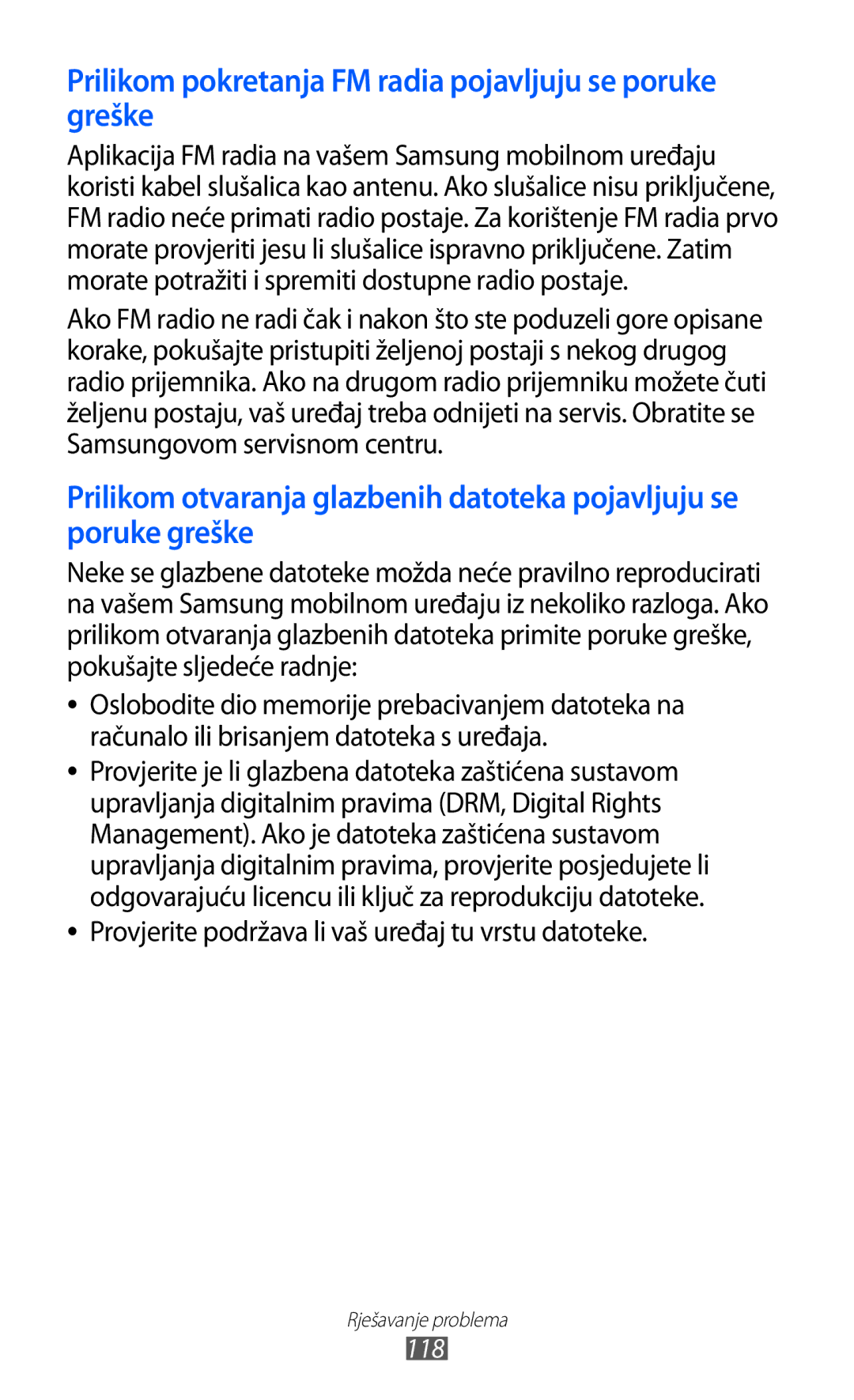 Samsung GT-S5570AAITRA, GT-S5570AAITWO, GT-S5570CWITWO manual Prilikom pokretanja FM radia pojavljuju se poruke greške 