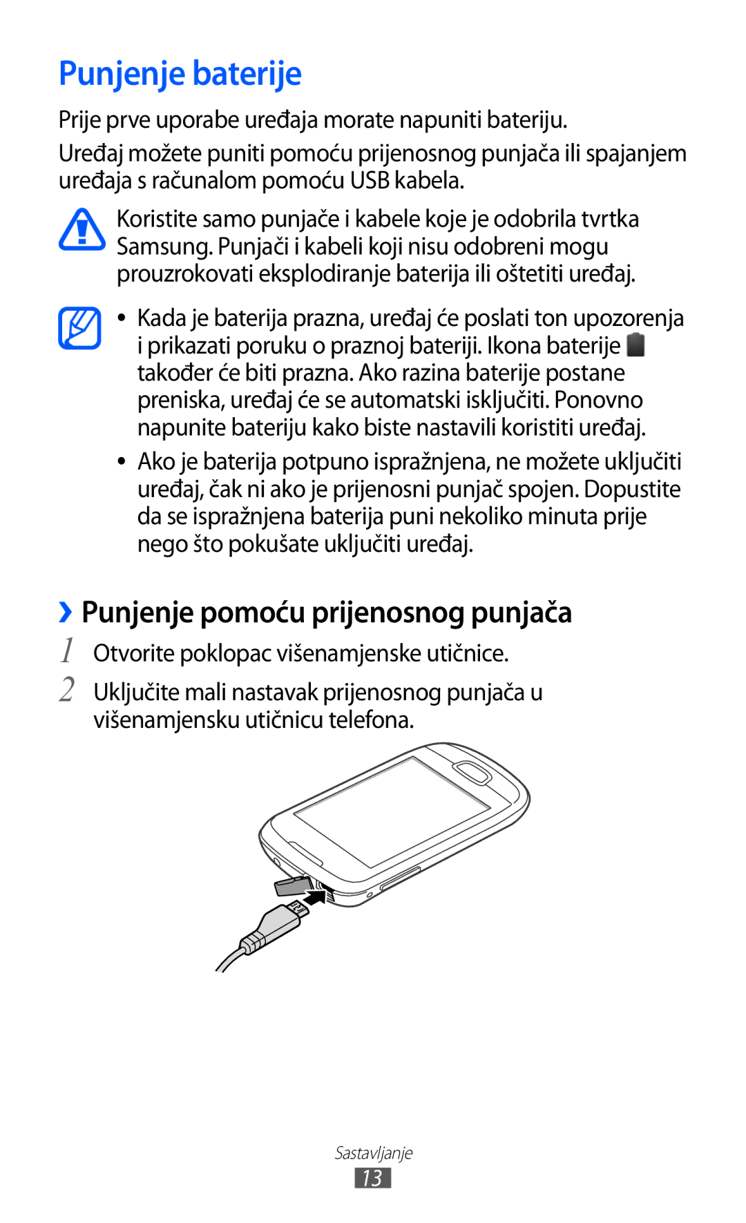 Samsung GT-S5570AAITWO Punjenje baterije, ››Punjenje pomoću prijenosnog punjača, Otvorite poklopac višenamjenske utičnice 