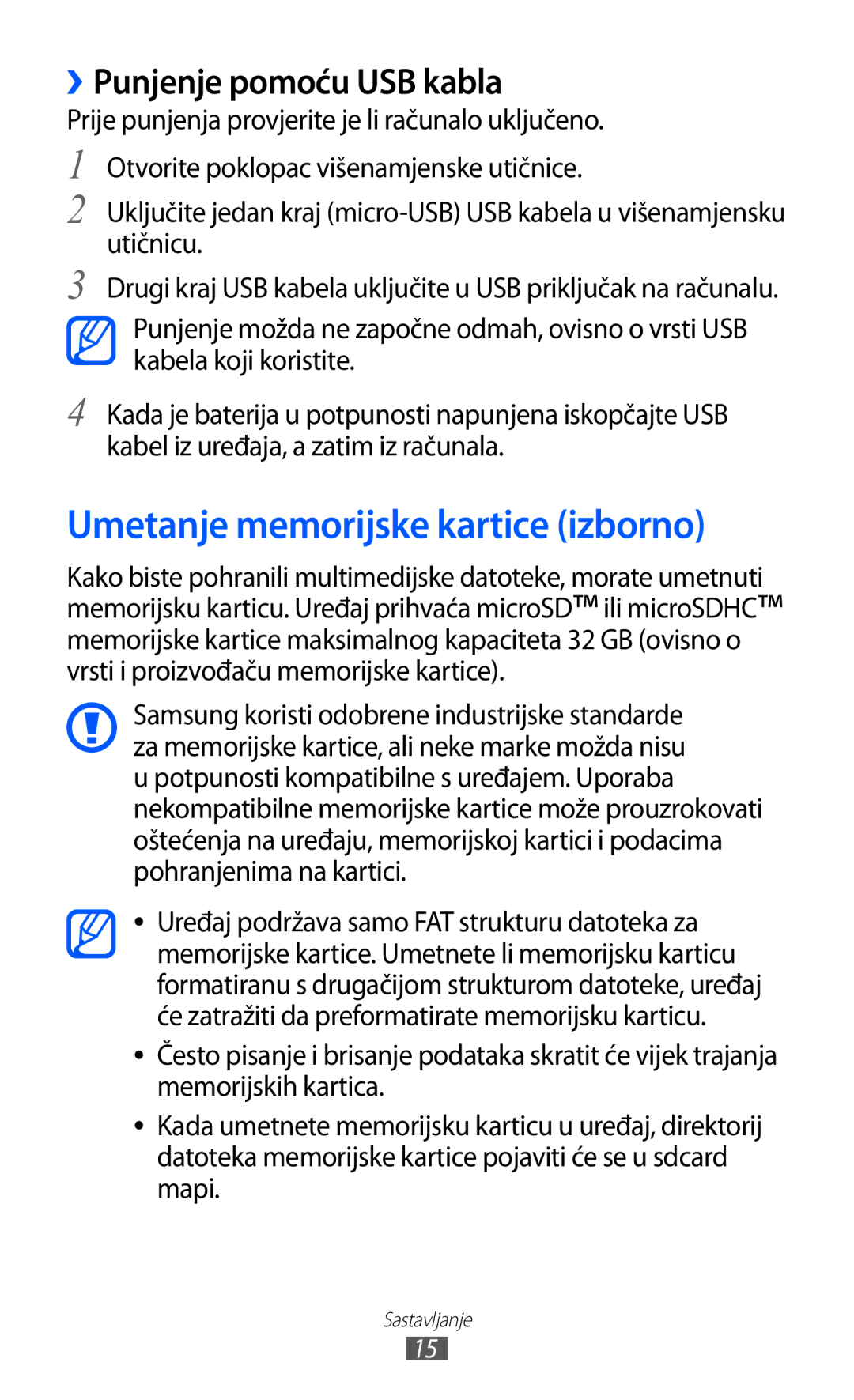 Samsung GT-S5570CWITWO, GT-S5570AAITWO, GT-S5570AAITRA Umetanje memorijske kartice izborno, ››Punjenje pomoću USB kabla 