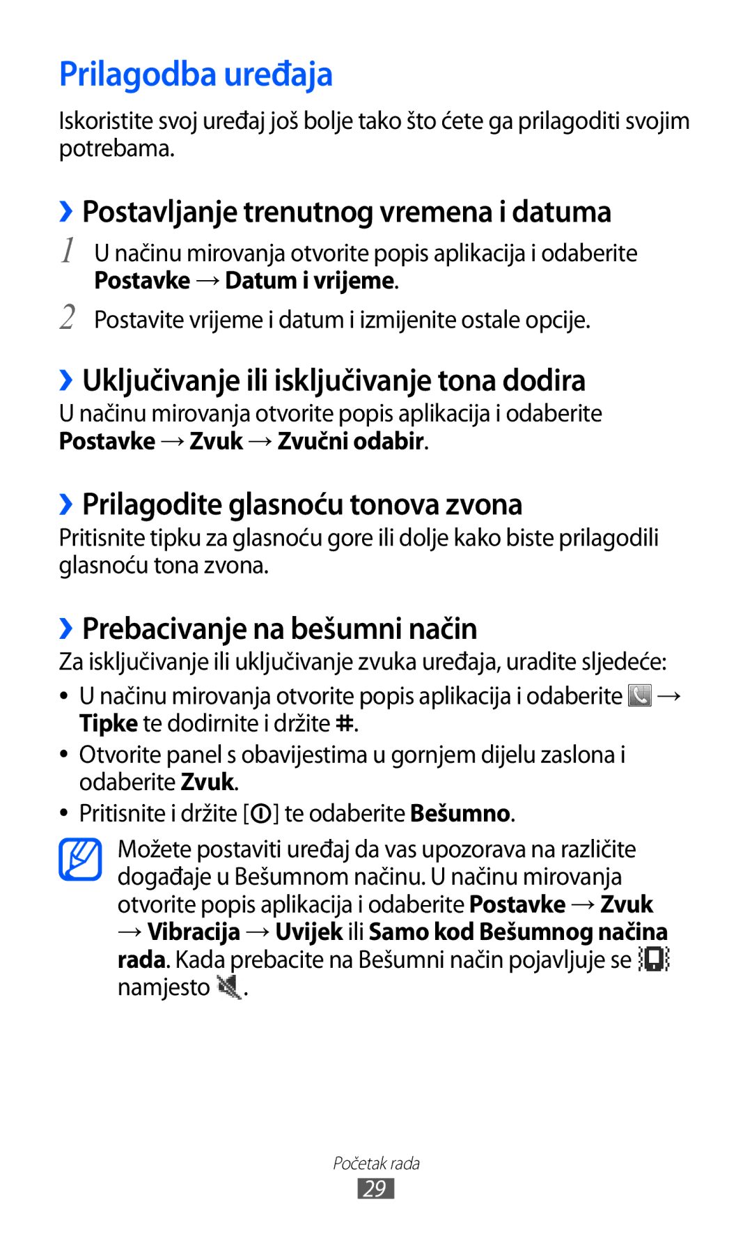 Samsung GT2S5570AAITWO Prilagodba uređaja, ››Postavljanje trenutnog vremena i datuma, ››Prilagodite glasnoću tonova zvona 