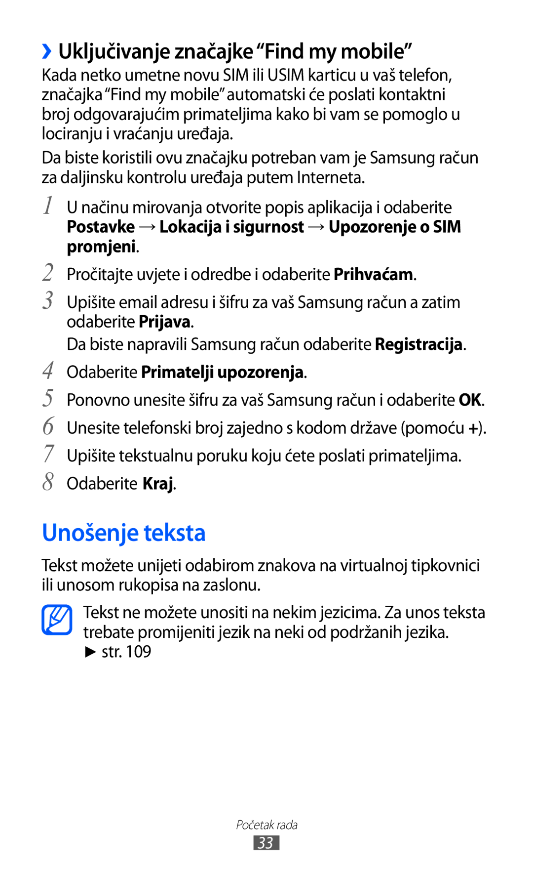 Samsung GT2S5570AAITRA manual Unošenje teksta, ››Uključivanje značajkeFind my mobile, Odaberite Primatelji upozorenja 