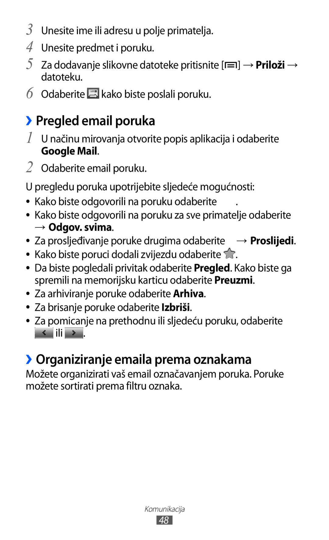 Samsung GT-S5570CWICRG manual ››Pregled email poruka, ››Organiziranje emaila prema oznakama, Google Mail, → Odgov. svima 