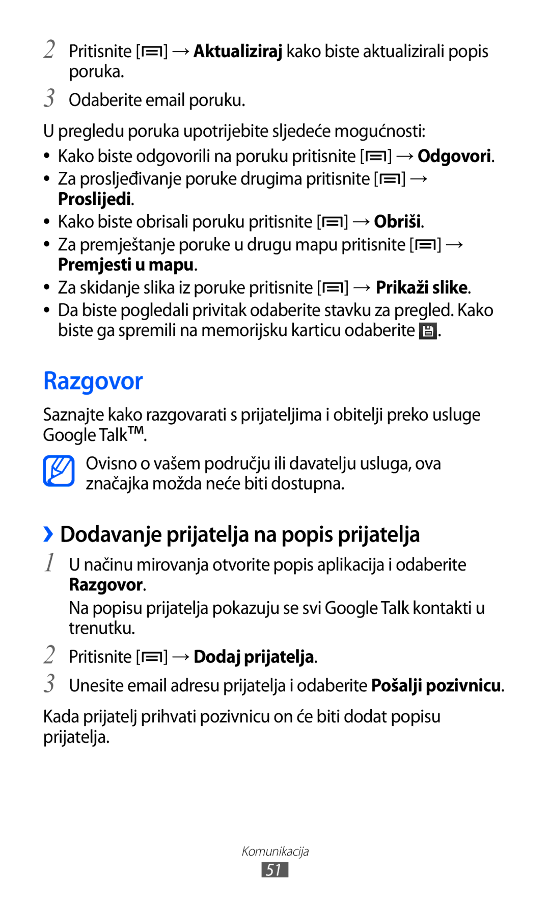 Samsung GT2S5570CWITRA, GT-S5570AAITWO Razgovor, ››Dodavanje prijatelja na popis prijatelja, Pritisnite → Dodaj prijatelja 