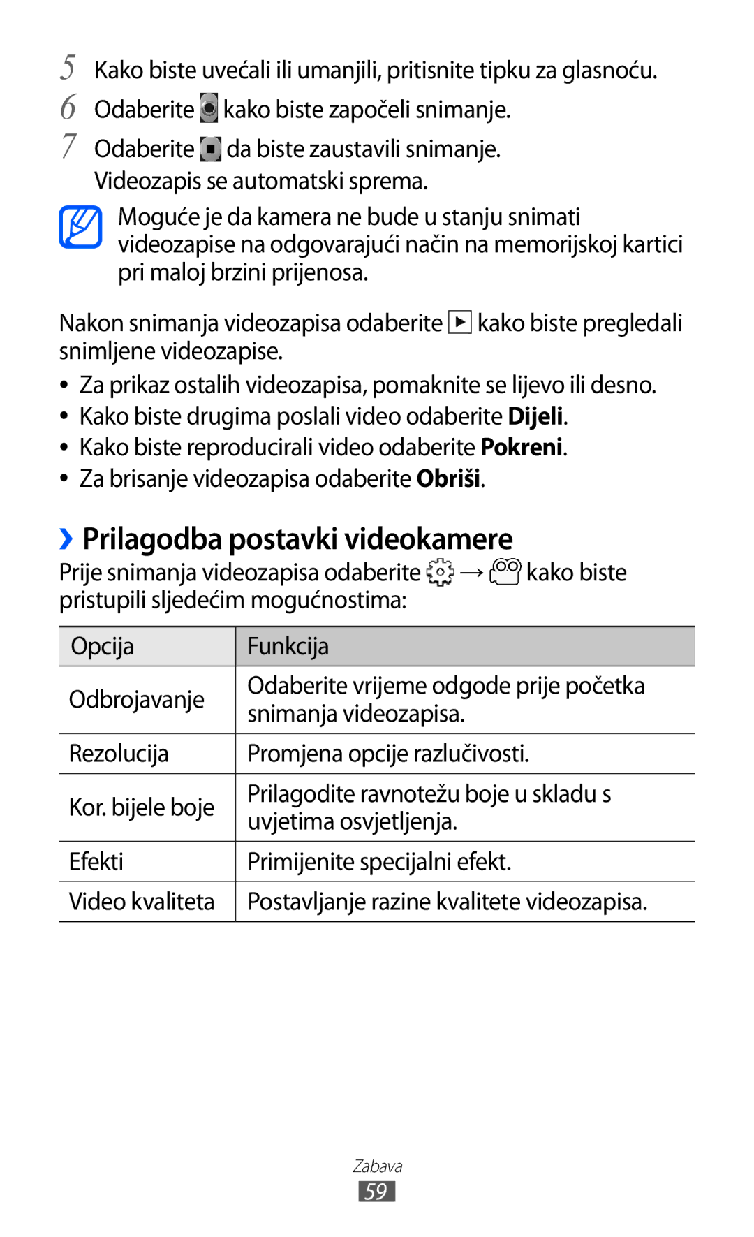 Samsung GT2S5570AAITRA, GT-S5570AAITWO manual Prilagodba postavki videokamere, Uvjetima osvjetljenja Efekti, Video kvaliteta 