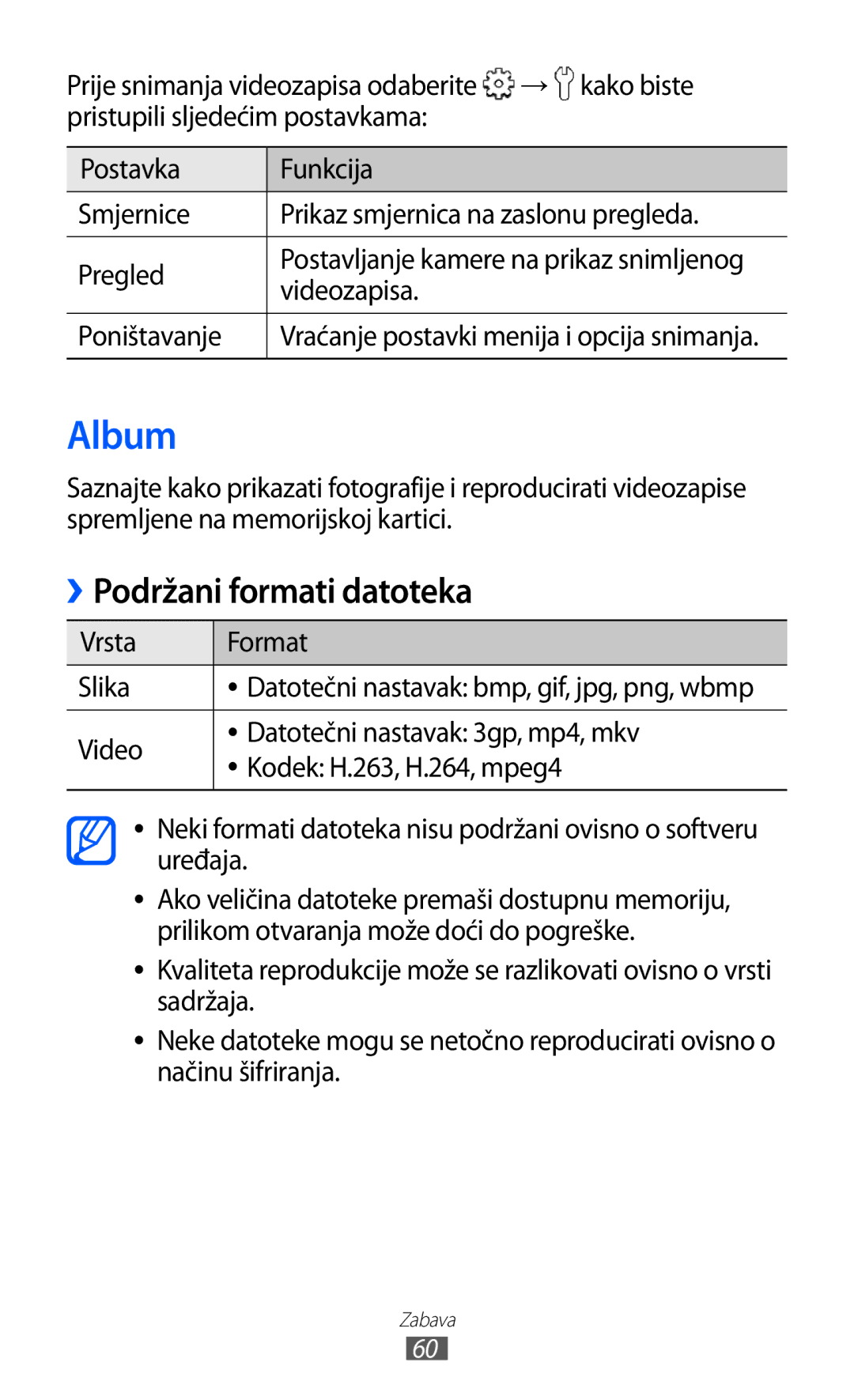 Samsung GT2S5570EGICRG, GT-S5570AAITWO, GT-S5570AAITRA Album, Podržani formati datoteka, Videozapisa, Vrsta Format Slika 