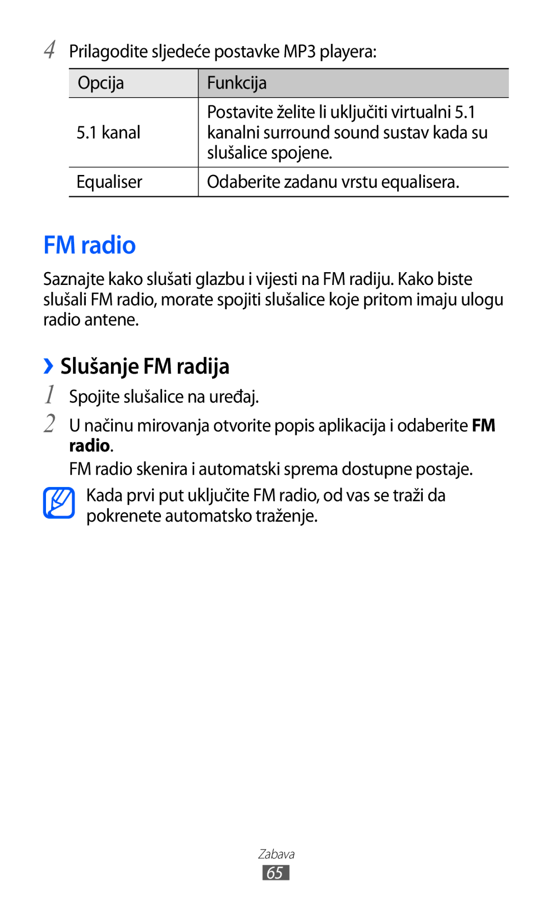 Samsung GT-S5570AAITWO FM radio, ››Slušanje FM radija, Slušalice spojene, Equaliser Odaberite zadanu vrstu equalisera 