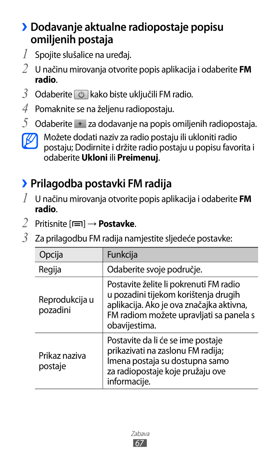 Samsung GT-S5570CWITWO manual ››Dodavanje aktualne radiopostaje popisu omiljenih postaja, ››Prilagodba postavki FM radija 