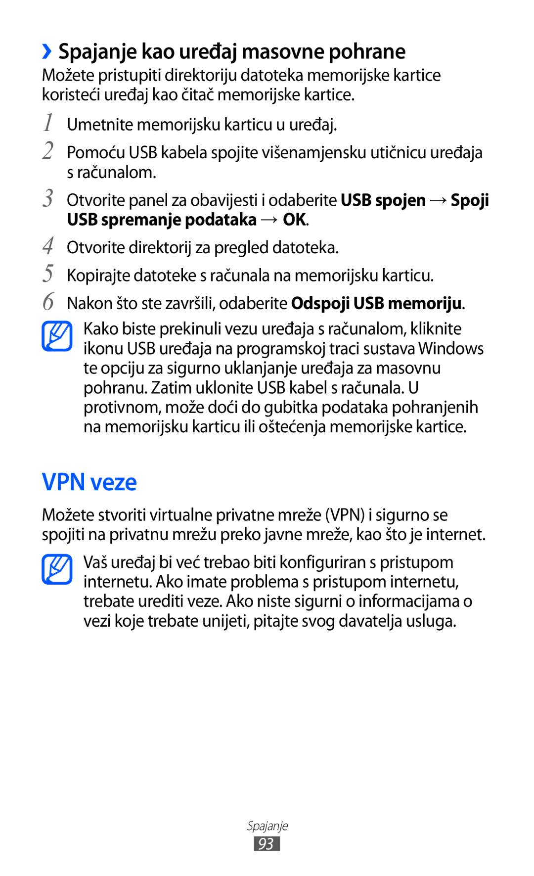 Samsung GT-S5570CWITWO, GT-S5570AAITWO manual VPN veze, ››Spajanje kao uređaj masovne pohrane, USB spremanje podataka → OK 