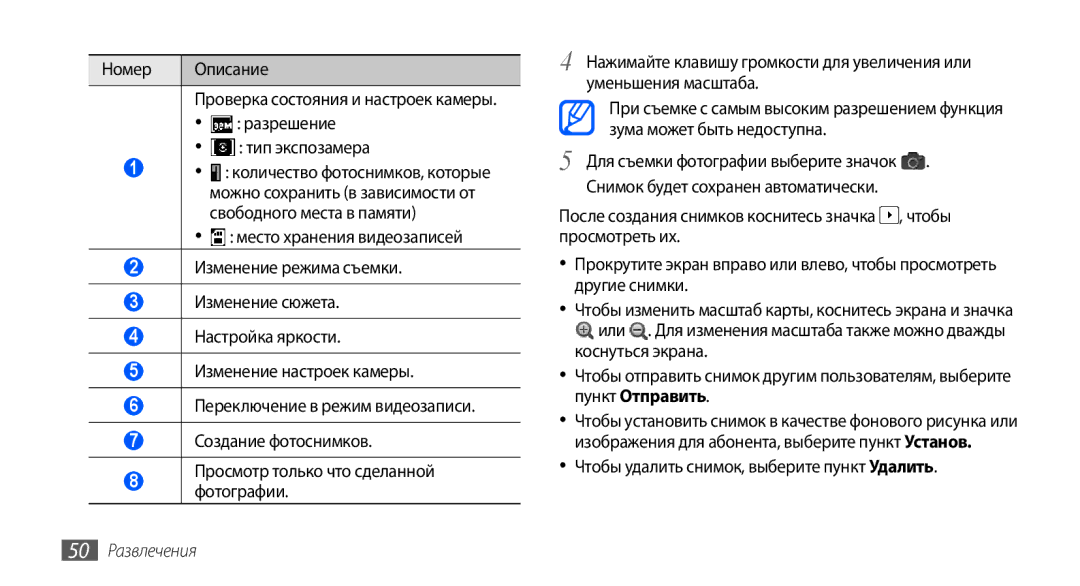 Samsung GT-S5570CWAOMT, GT-S5570EGASEB, GT-S5570EGAOMT manual Чтобы удалить снимок, выберите пункт Удалить, 50 Развлечения 