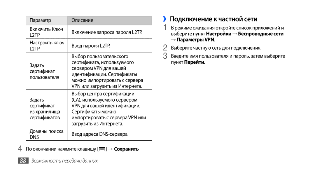 Samsung GT-S5570MOASER, GT-S5570CWAOMT manual ››Подключение к частной сети, → Параметры VPN, 88 Возможности передачи данных 