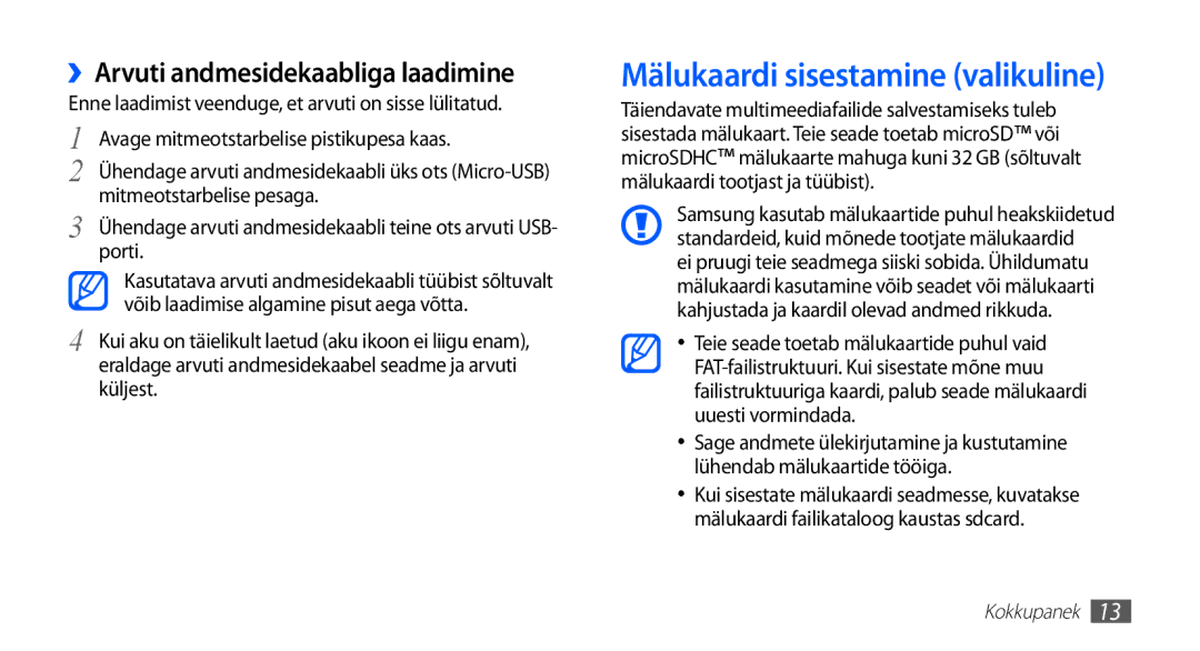 Samsung GT-S5570CWASEB, GT-S5570CWAOMT manual Mälukaardi sisestamine valikuline, Mitmeotstarbelise pesaga, Porti, Küljest 