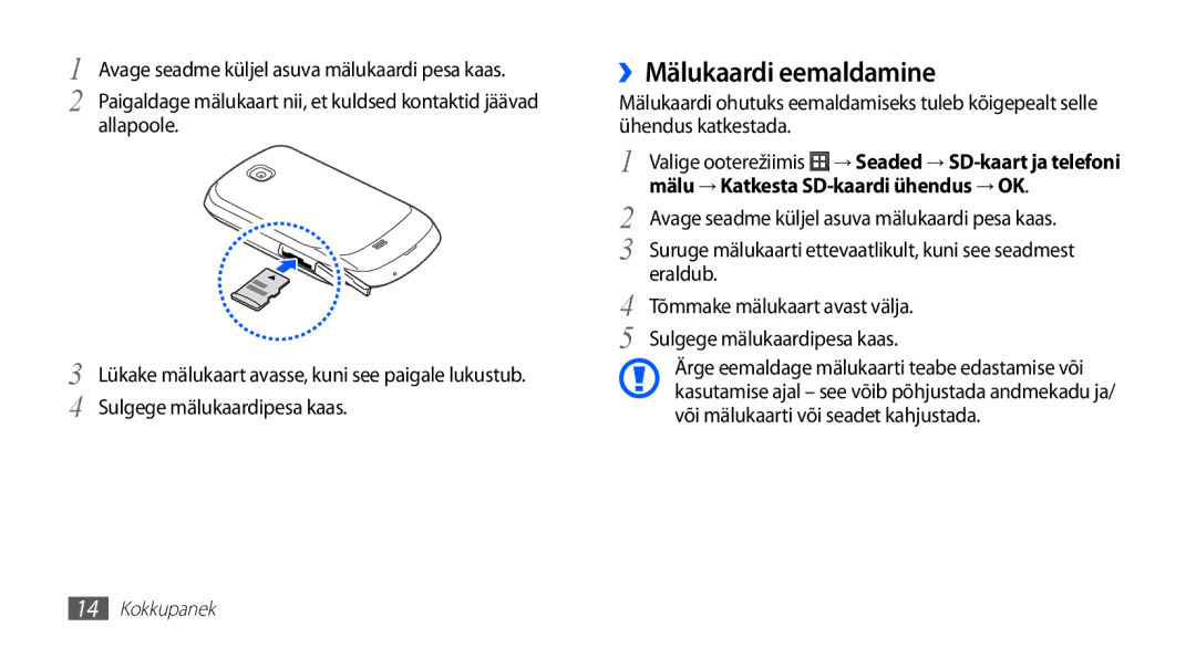 Samsung GT-S5570AAASEB, GT-S5570CWAOMT manual ››Mälukaardi eemaldamine, Mälu → Katkesta SD-kaardi ühendus → OK, Eraldub 