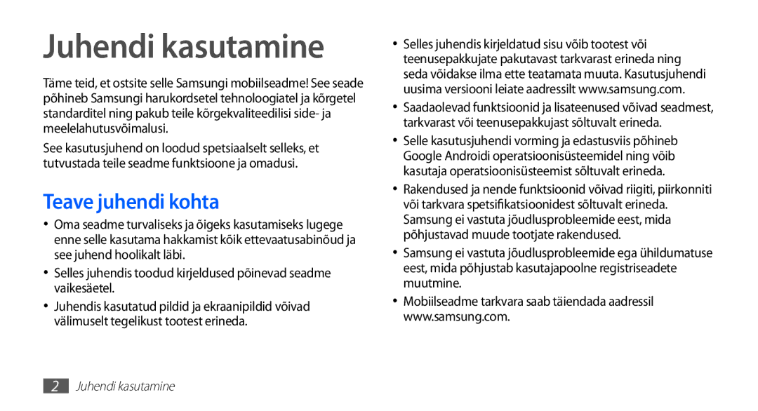 Samsung GT-S5570EGAOMT, GT-S5570CWAOMT, GT-S5570EGASEB, GT-S5570CWASEB manual Juhendi kasutamine, Teave juhendi kohta 