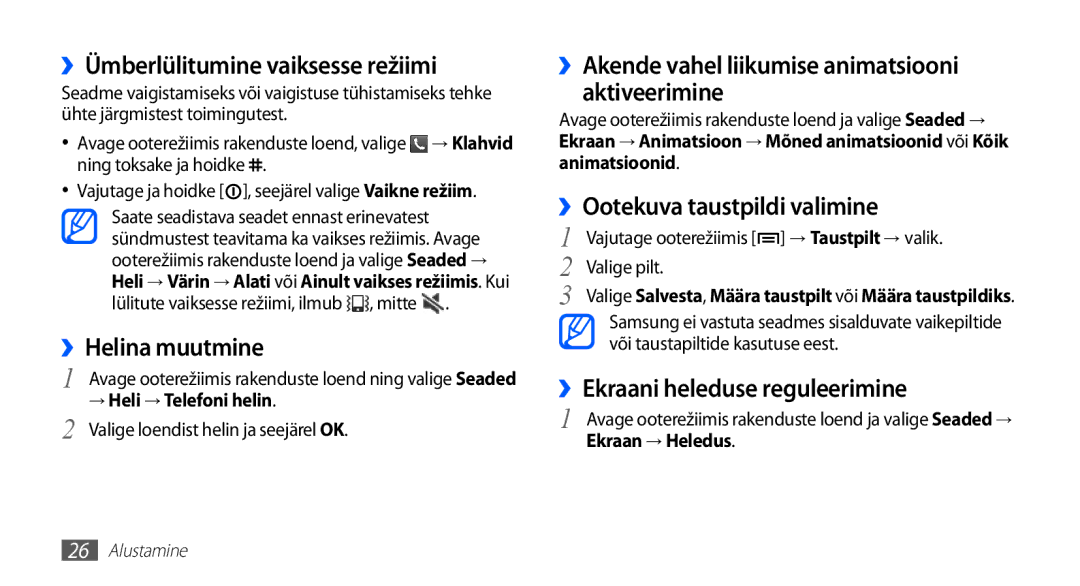 Samsung GT-S5570EGASEB manual ››Ümberlülitumine vaiksesse režiimi, ››Helina muutmine, ››Ootekuva taustpildi valimine 