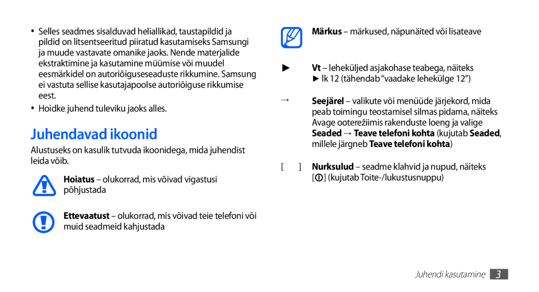 Samsung GT-S5570CWASEB manual Juhendavad ikoonid, Hoidke juhend tuleviku jaoks alles, Kujutab Toite-/lukustusnuppu 