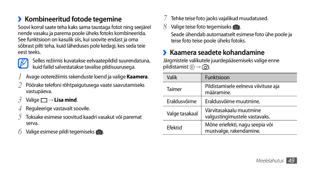 Samsung GT-S5570AAASEB, GT-S5570CWAOMT manual ››Kombineeritud fotode tegemine, ››Kaamera seadete kohandamine, → Lisa mind 