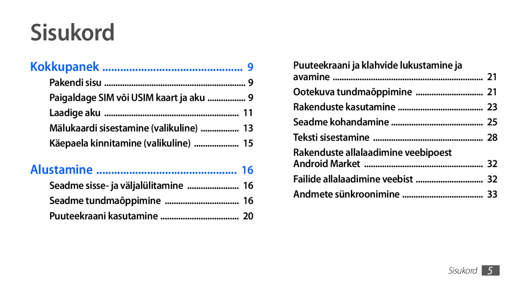 Samsung GT-S5570CWAOMT, GT-S5570EGASEB, GT-S5570EGAOMT, GT-S5570CWASEB manual Sisukord, Rakenduste allalaadimine veebipoest 