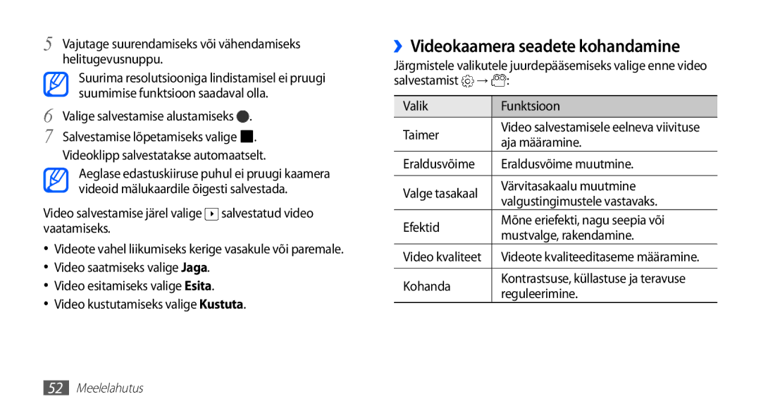 Samsung GT-S5570EGAOMT manual ››Videokaamera seadete kohandamine, Aja määramine, Eraldusvõime Eraldusvõime muutmine 