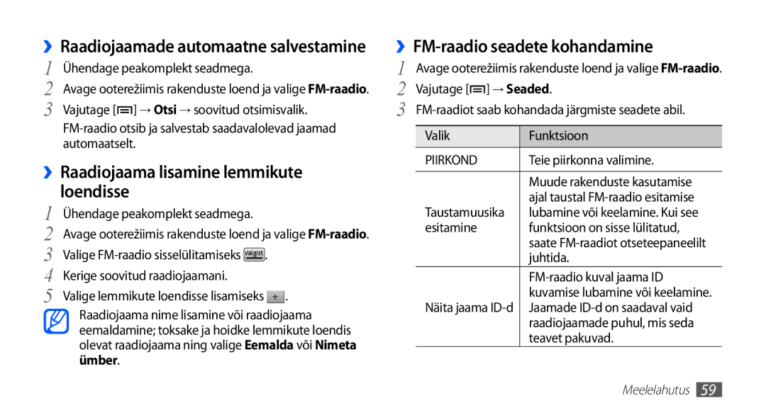 Samsung GT-S5570AAASEB, GT-S5570CWAOMT, GT-S5570EGASEB, GT-S5570EGAOMT manual Loendisse, ››FM-raadio seadete kohandamine 