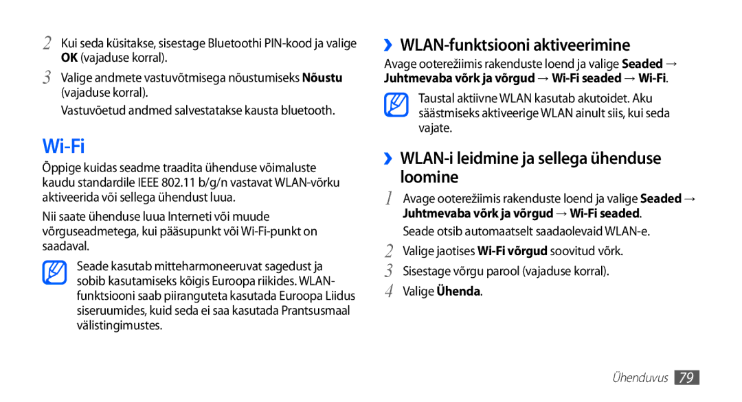 Samsung GT-S5570AAASEB manual Wi-Fi, ››WLAN-funktsiooni aktiveerimine, ››WLAN-i leidmine ja sellega ühenduse loomine 